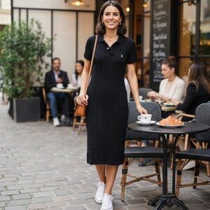 Polo Ralph Lauren Cable Knit Collar Short Sleeve Black White Pony Sweater Dress